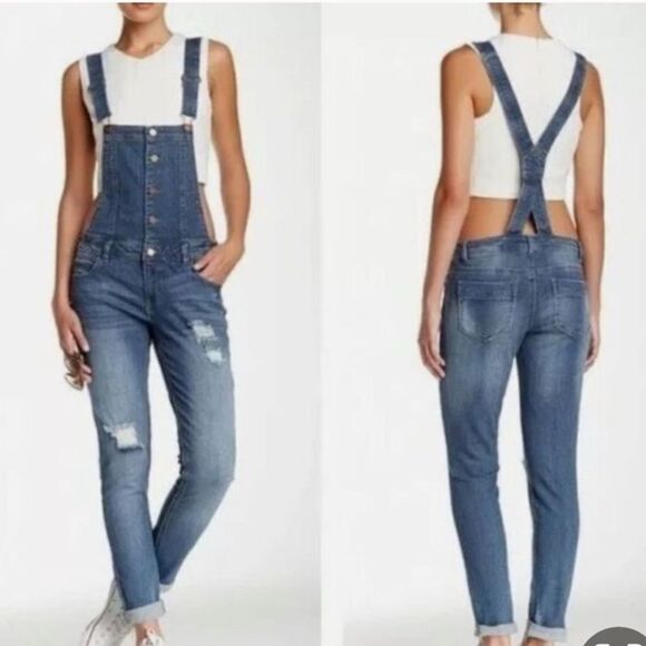 Refuge Distressed Blue Denim Overalls - Picture 1 of 5